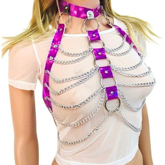 Pink Hologram Body Chest Harness Cage Bra Choker Chain Costume Pasties Festival - Picture 4 of 8